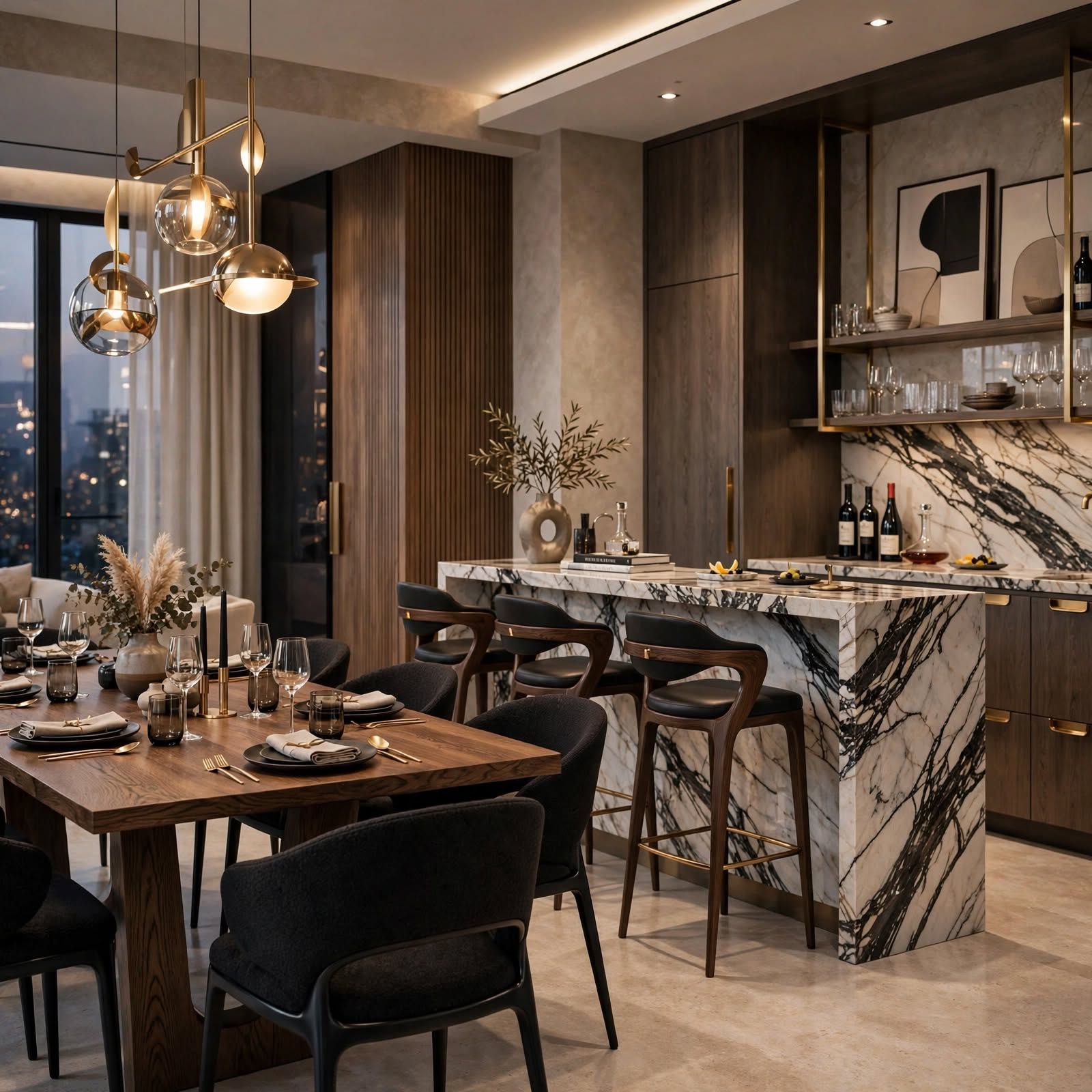 Comedor de alta gama con mesa de roble ahumado y barra de mármol de lujo con vetas marcadas