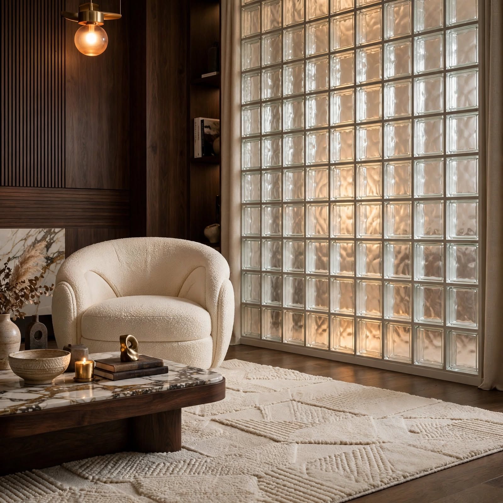 Salón residencial de lujo con muro de pavés moderno y sillón de diseño con líneas curva