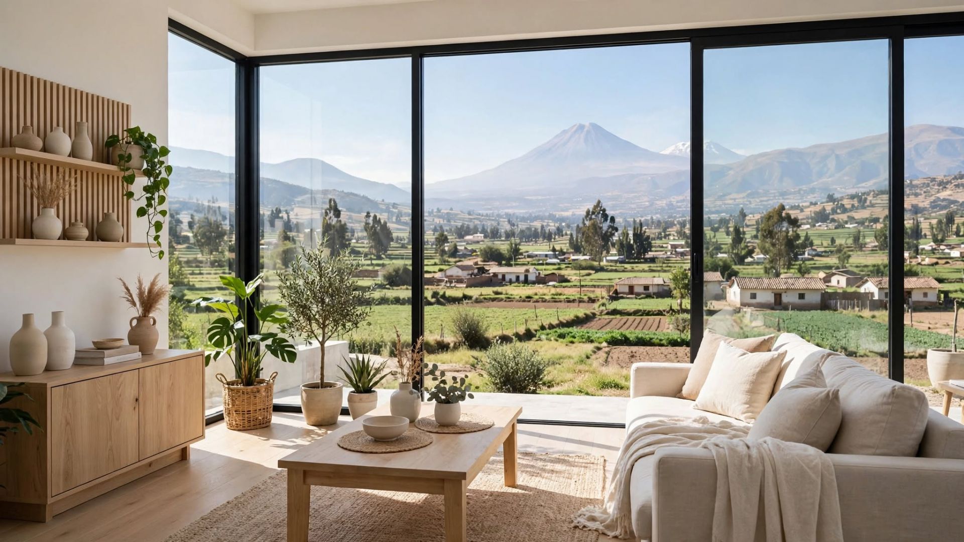 Sala moderna en Sachaca con amplios ventanales y luz natural