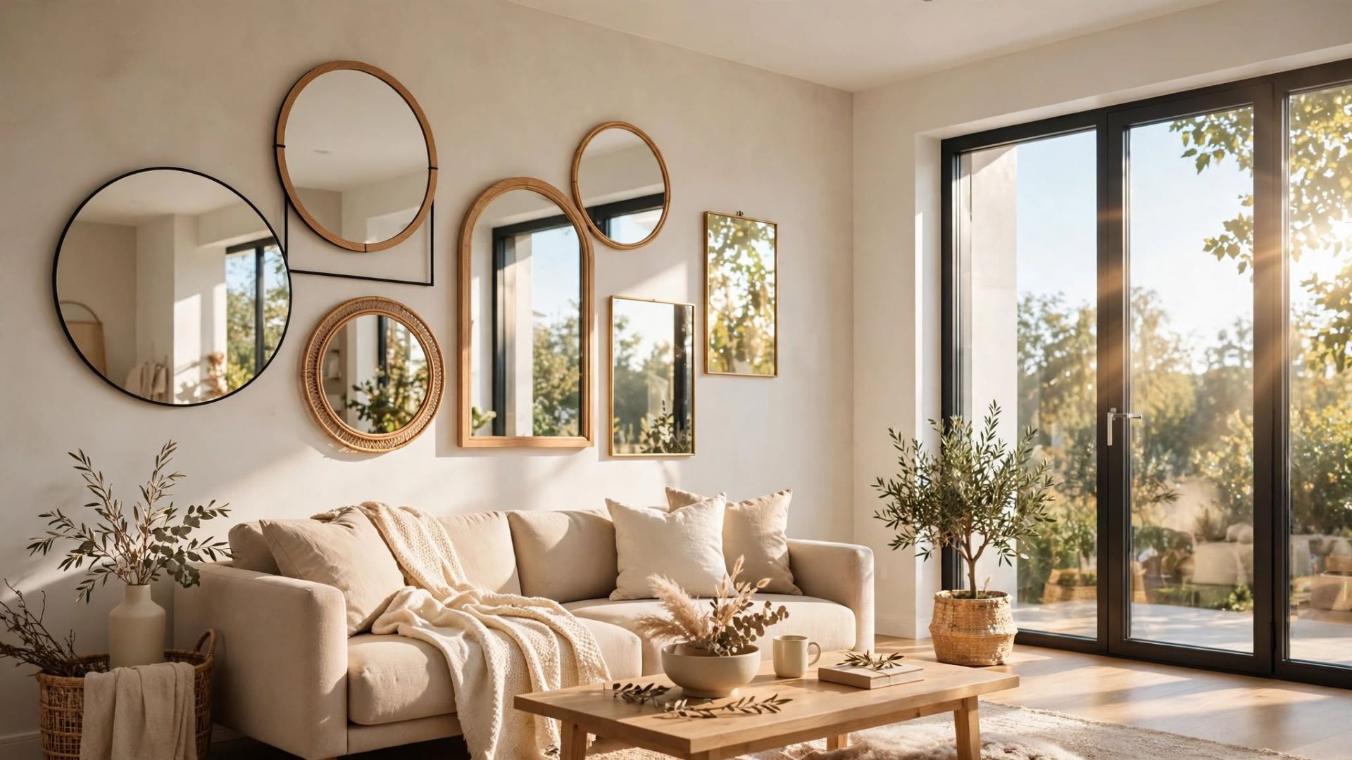 Decoración de interiores con paredes claras y espejos para reflejar la luz solar