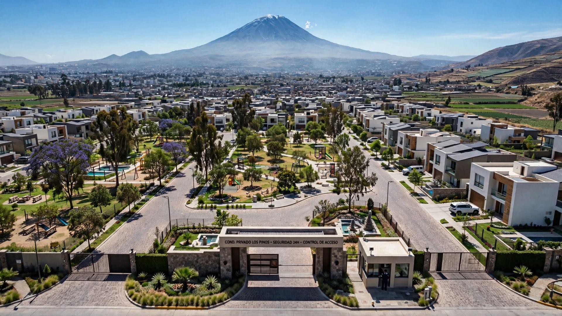 Urbanización residencial con parques y seguridad en Cayma, Arequipa