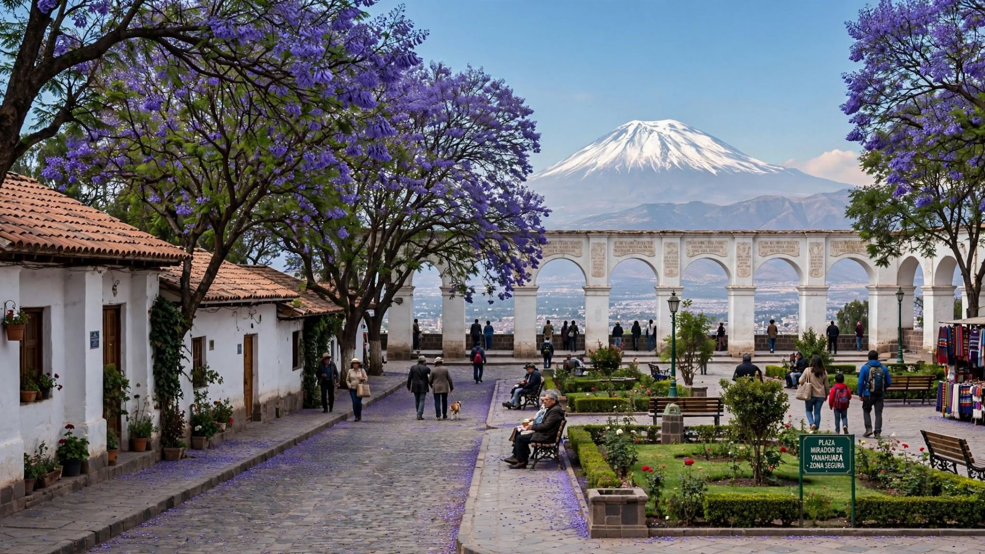 Calles tradicionales y áreas verdes seguras en Yanahuara, Arequipa